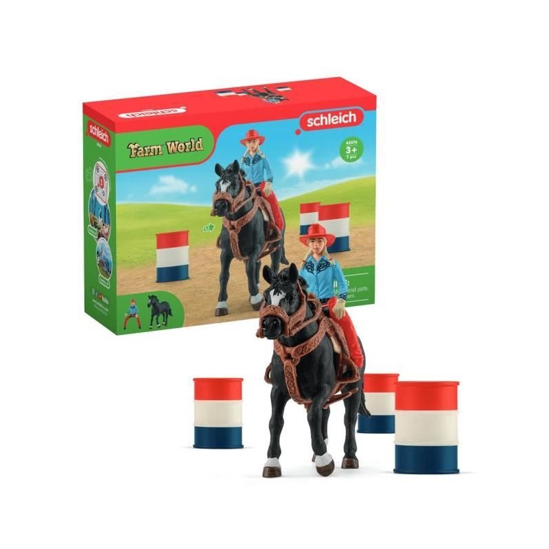 Figurine Cowgirl et Tonneaux de Racing, avec figurine et cheval,