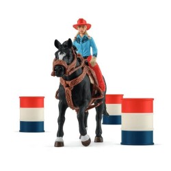 Figurine Cowgirl et Tonneaux de Racing, avec figurine et cheval,