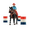 Figurine Cowgirl et Tonneaux de Racing, avec figurine et cheval,