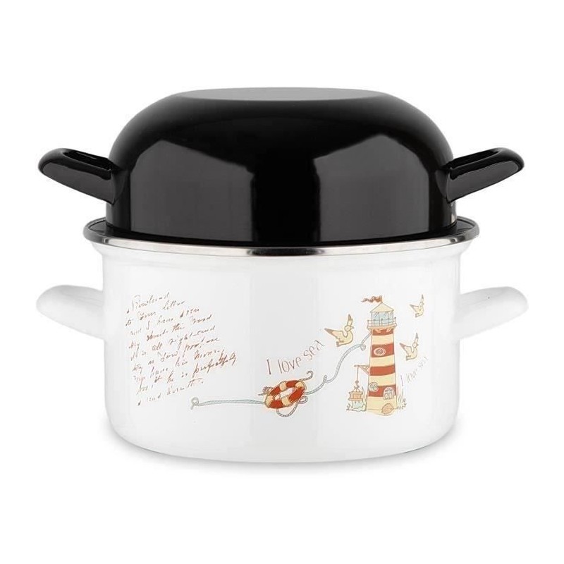 Marmite a moule BAUMALU 20 cm - Décor phares - Couvercle noir - Blanc